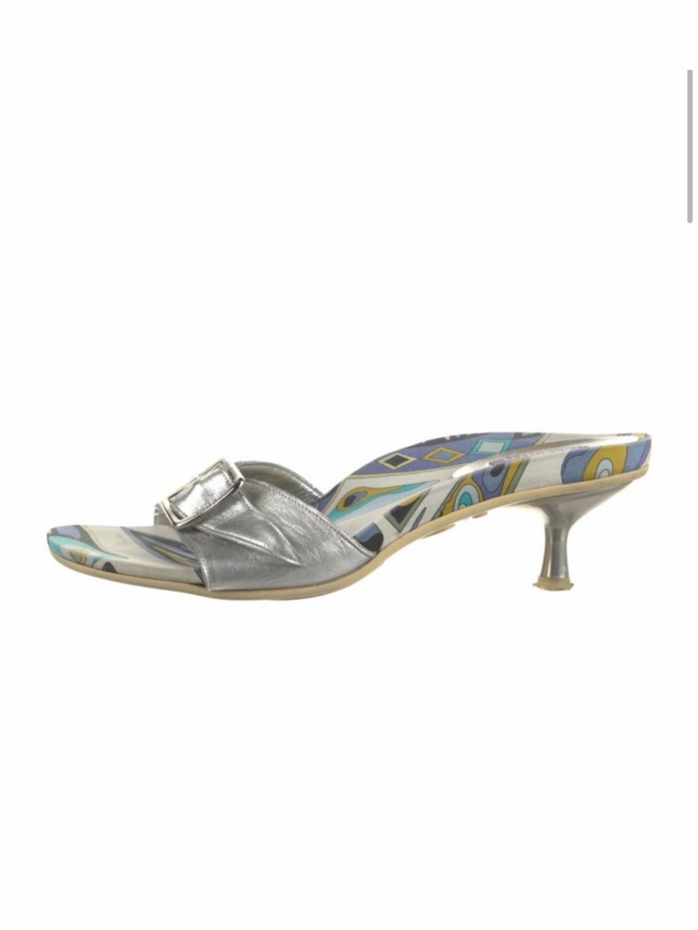 Emilio Pucci Silver Metallic Kitten Heel Slide with Printed Insole